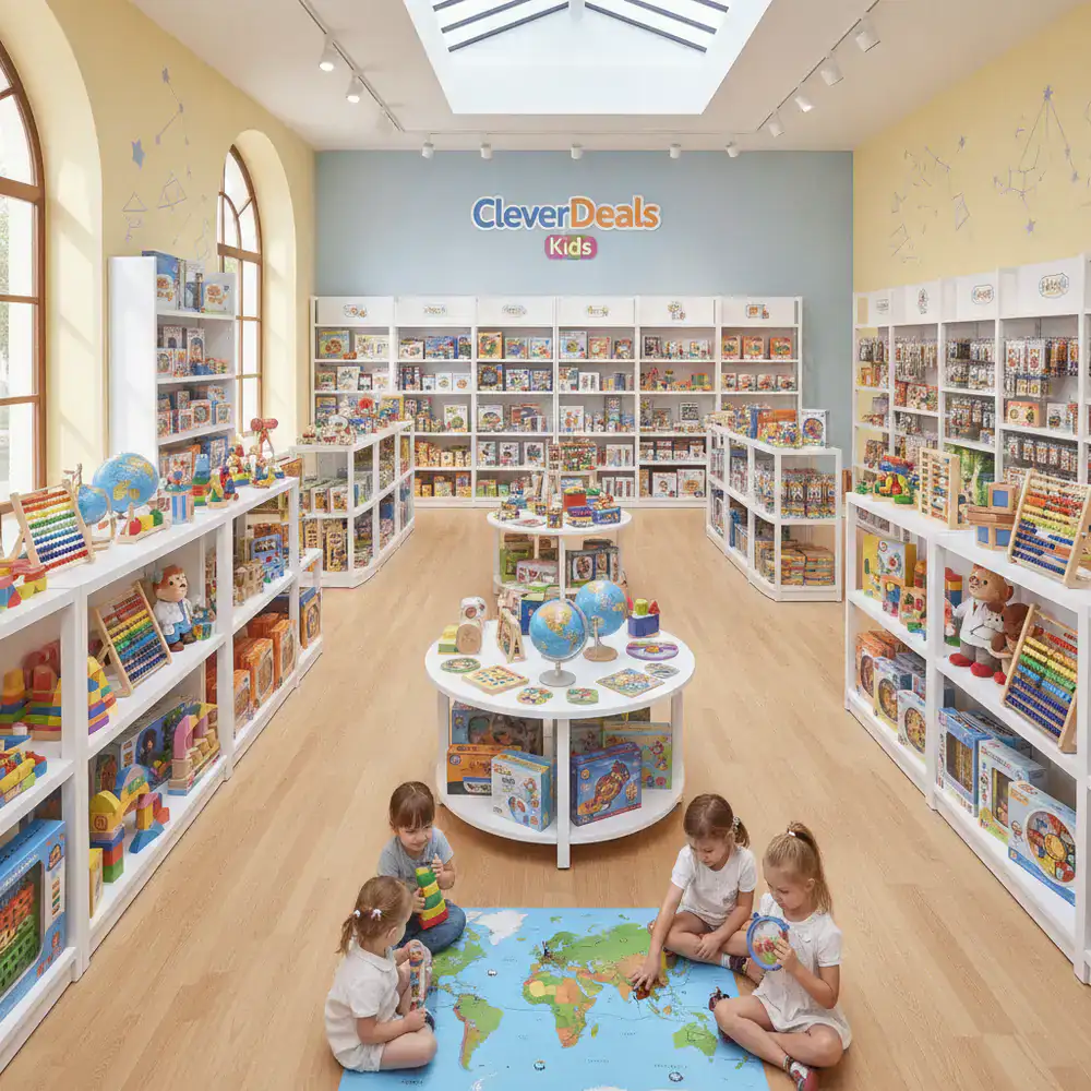 Interior of the CleverDeals Kids store showing colorful educational toys