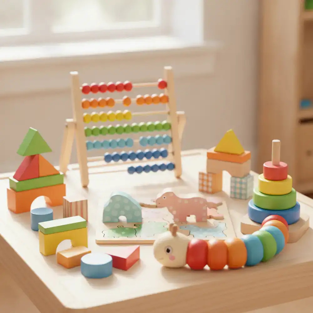Brightly colored educational toys arranged on a wooden play table