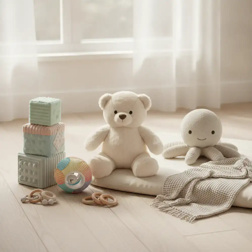 Soft plush toys and sensory items for toddlers